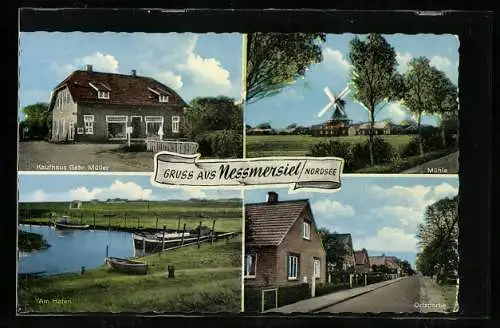 AK Nessmersiel /Nordsee, Kaufhaus Gebr. Müller, Mühle, Am Hafen