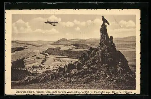 AK Gersfeld /Rhön, Flieger-Denkmal auf der Wasserkuppe und Flugzeug