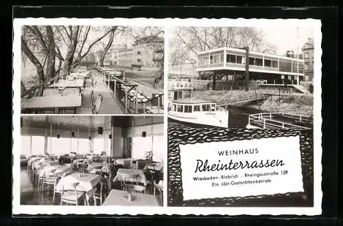 AK Wiesbaden-Biebrich, Weinhaus Rheinterrassen, Sommerterrasse, Speisesaal, Anlegestelle, Rheingaustrasse 139