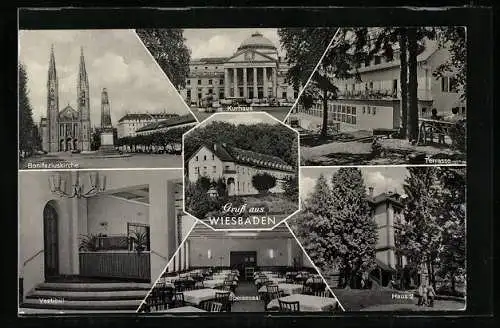 AK Wiesbaden, Kur- und Genesungsheim Taunusblick, Innenansichten Speisesaal und Vestibül