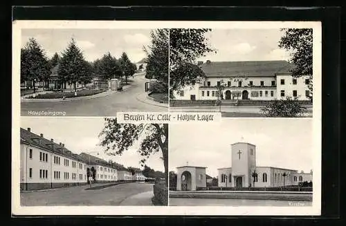 AK Bergen / Celle, NATO-Truppenübungsplatz Hohne-Camp mit Haupteingang, Kino und Kirche
