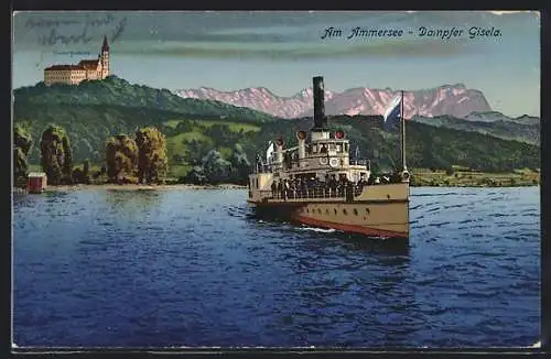 AK Ammersee, Dampfer Gisela auf dem See, Kloster Andechs im Hintergrund