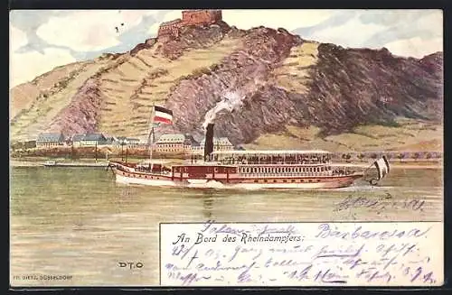 Künstler-AK Rheindampfer der Köln-Düsseldorfer Rheindampfschiffahrt, Seitenraddampfer