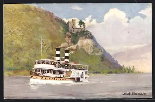Künstler-AK Rheindampfer fährt am Schloss Rheinstein vorbei