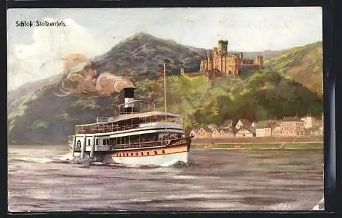 Künstler-AK Rheindampfer, Schloss Stolzenfels