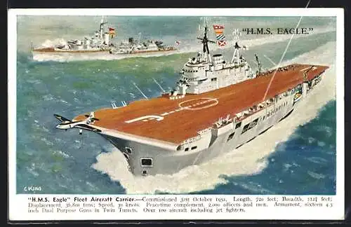 Künstler-AK Britischer Flugzeugträger H.M.S. Eagle in voller Fahrt