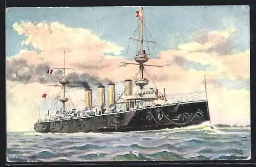Künstler-AK Britisches Kriegsschiff HMS Powerful sticht in See