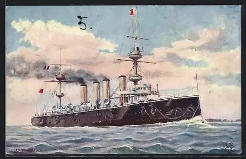 Künstler-AK Britisches Kriegsschiff HMS Powerful sticht in See