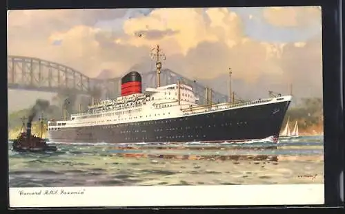 Künstler-AK Passagierschiff Cunard R.M.S. Saxonia, unter einer Brücke durchfahrend