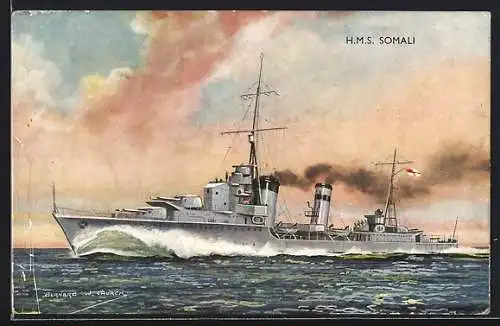 Künstler-AK Kriegsschiff HMS Somali gibt Volldampf