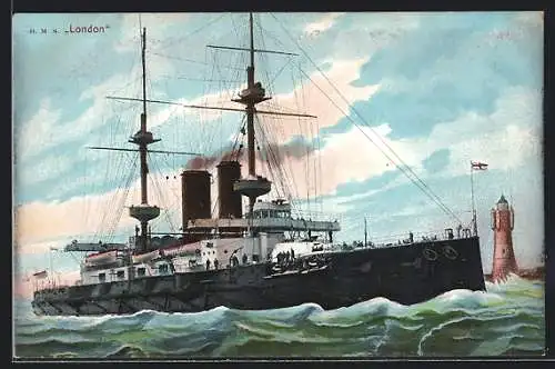 Künstler-AK Kriegsschiff H.M.S. London auf hoher See