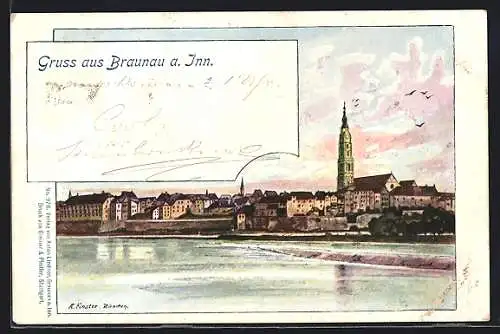 Künstler-AK Braunau a. Inn, Ortsansicht mit Fluss