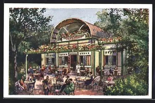 Künstler-AK Wien, Cafe Schweizergarten /Maria Josefapark, Bes. Franz Brandl