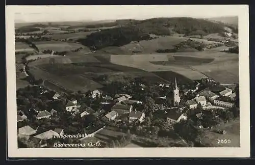 AK Bachmanning, Fliegeraufnahme des Ortes mit Kirche