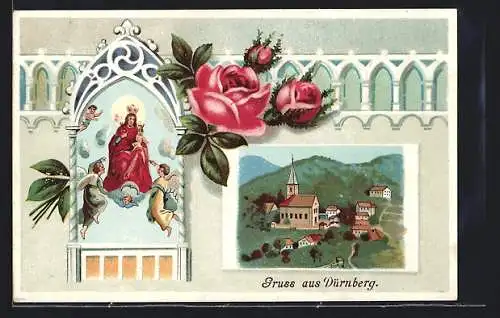 Lithographie Dürnberg, Ortsansicht mit Kirche, Hl. Jungfrau