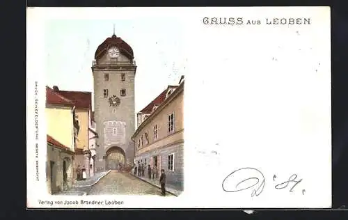 Lithographie Leoben, Strassenpartie mit Uhrturm