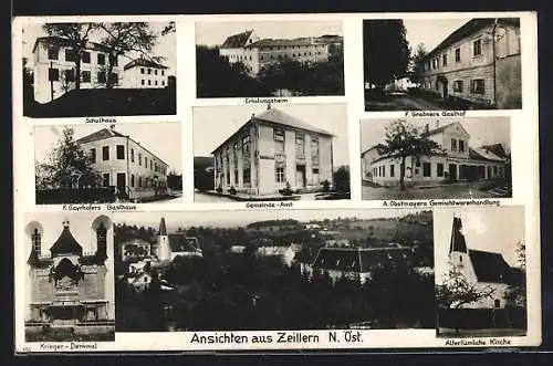 AK Zeillern, Schulhaus, Erholungsheim, Gemeindeamt, K. Gayrhofers Gasthaus