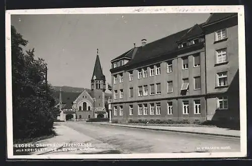 AK Leoben, Dreierschützengasse mit Kreisleitung und Evang. Kirche