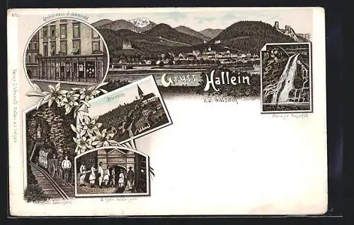 Lithographie Hallein a. d. Salzach, Geschäftshaus J. Schmerold, Salzbergwerk, Gollinger Wasserfall