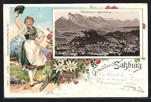 Lithographie Salzburg, Ortsansicht vom Kapuzinerberg, Frau in Tracht