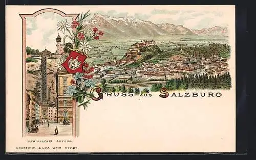Lithographie Salzburg, Elektrischer Aufzug, Panorama