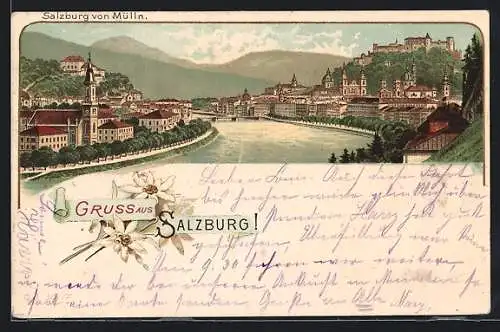 Lithographie Salzburg, Ortsansicht von Mülln
