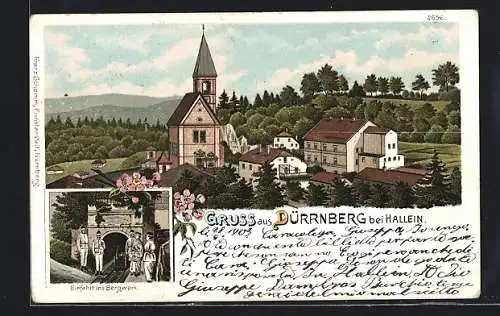 Lithographie Dürnberg, Teilansicht mit Kirche, Einfahrt ins Bergwerk