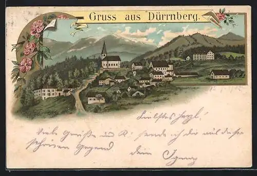 Lithographie Dürrnberg, Fernsicht der Ortschaft