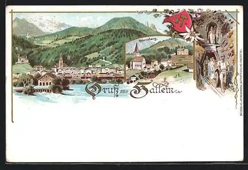 Lithographie Hallein, Ortsansicht mit Kirche, Dürrnberg