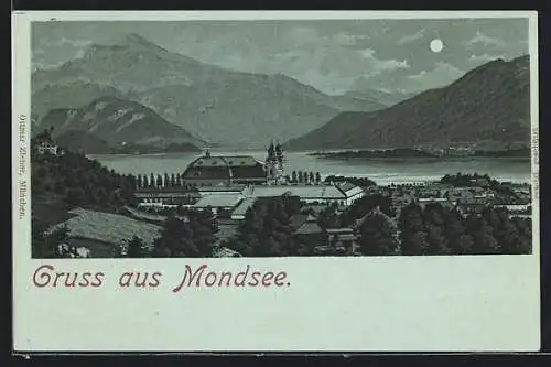 Mondschein-Lithographie Mondsee, Ortsansicht aus der Vogelschau