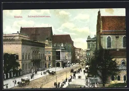 AK Breslau, Schweidnitzerstrasse mit Pferdewägen