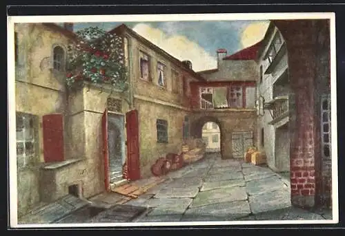 Künstler-AK Breslau, Blick auf den Hof mit Sabinezimmer und Balkon, Durchblick zum nächsten Hof
