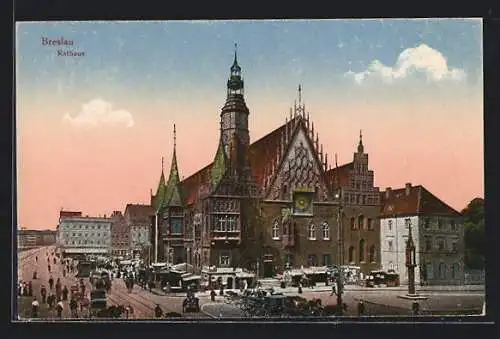 AK Breslau, belebter Platz am Rathaus