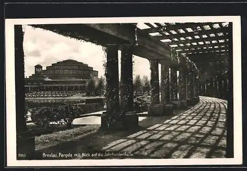 AK Breslau, Pergola mit Blick auf die Jahrhunderthalle