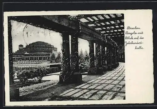AK Breslau, Pergola mit Blick auf die Jahrhunderthalle