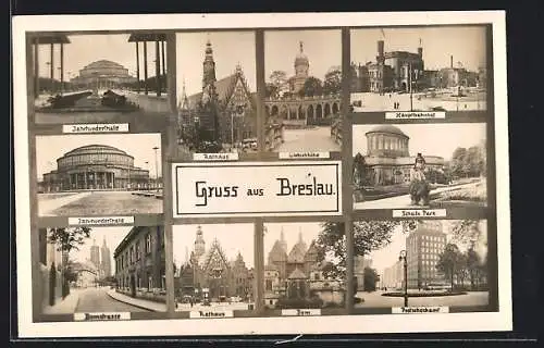 AK Breslau, Jahrhunderthalle, Domstrasse, Rathaus, Dom, Hauptbahnhof, Liebichhöhe
