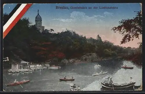 AK Breslau, Gondelteich an der Liebichshöhe, Nationalfahne