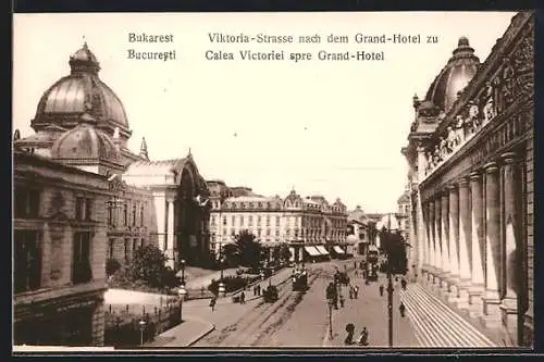AK Bukarest / Bucuresti, Viktoria-Strasse mit Grand-Hotel