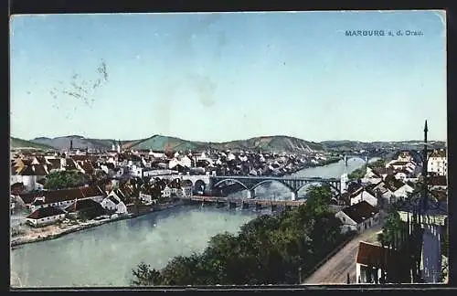 AK Marburg a. d. Drau, Ortsansicht mit Brücke aus der Vogelschau