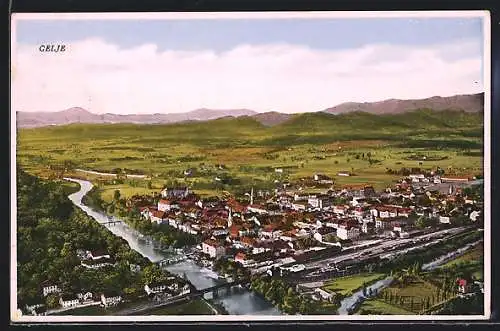 AK Celje, Ortsansicht mit Brücke aus der Vogelschau