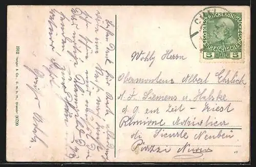 AK Cilli, Ortsansicht mit Brücke in der Dämmerung