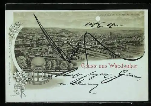 Mondschein-Lithographie Wiesbaden, Ortsansicht v. Neroberg gesehen, Pavillon