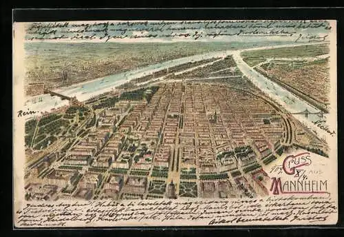 Lithographie Mannheim, Ortsansicht aus der Vogelschau mit Rhein und Neckar