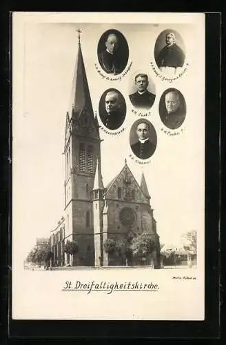 AK Ludwigshafen a. Rh., St. Dreifaltigkeitskirche mit Geistlichen, H. H. Just, H. H. Fuchs