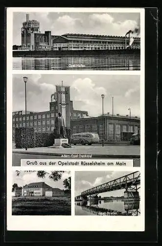 AK Rüsselsheim am Main, Opel Hafen und Brücke, Adam-Opel-Denkmal