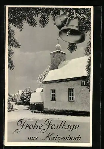 AK Katzenbach, an der Kirche im Schnee, Nadelzweige und Glocken