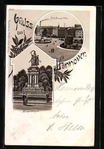 Lithographie Hannover, Ernst-August-Platz mit Denkmal, Kriegerdenkmal