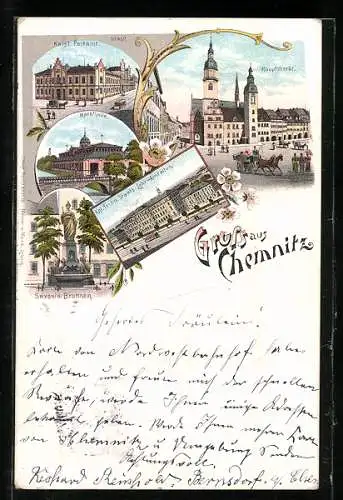 Lithographie Chemnitz, Kgl. Techn. Staats-Lehr-Anstalten, Saxonia-Brunnen, Hauptmarkt