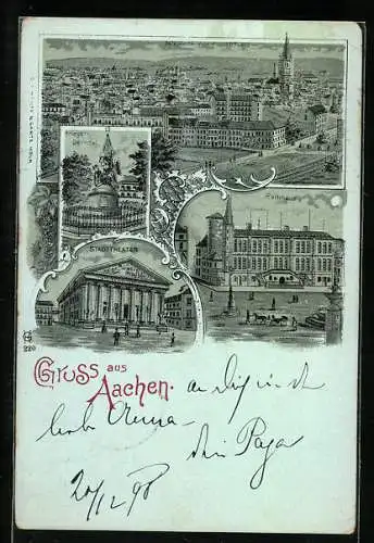 Mondschein-Lithographie Aachen, Stadttheater, Rathaus, Kriegerdenkmal