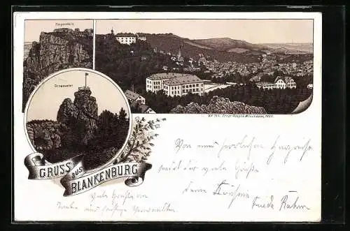 Lithographie Blankenburg / Harz, Grossvater, Regenstein, Ortsansicht aus der Vogelschau